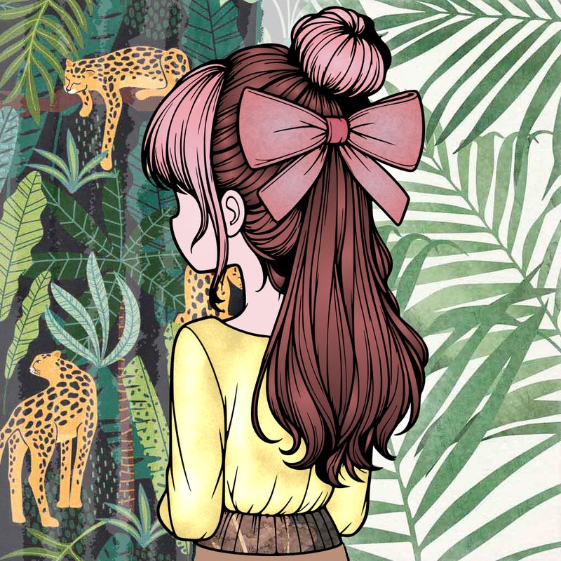 realistic girl  with hip length hair a bun and a big bow on the back of head