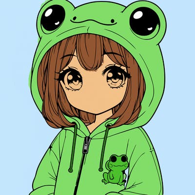 cute realistic girl in a froggy hoodie