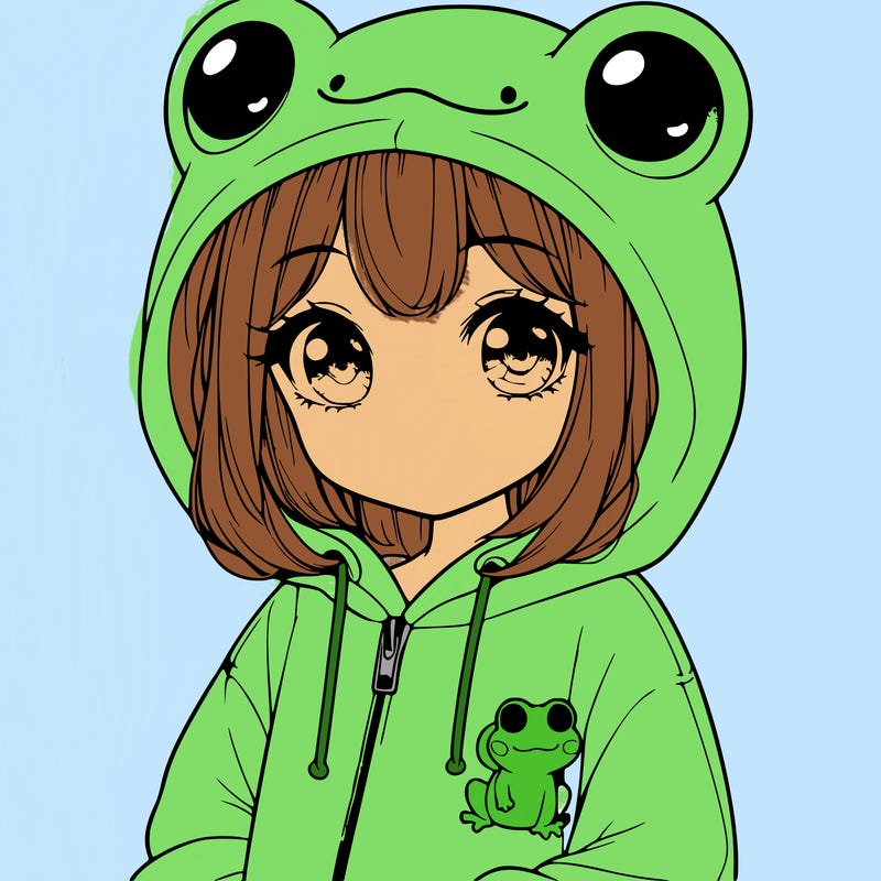 cute realistic girl in a froggy hoodie