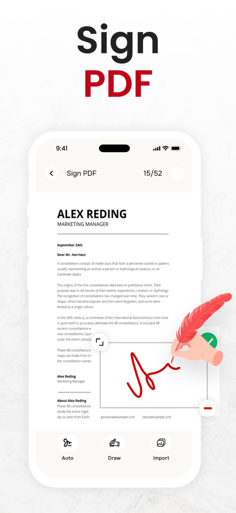 Mobile app interface for signing PDF documents with a digital signature tool