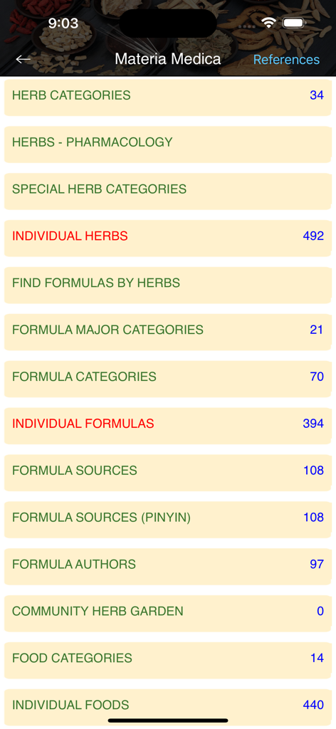 TCM Clinic Aid - Materia Medica menu showing categories for herbs and formulas in the TCM Clinic Aid app