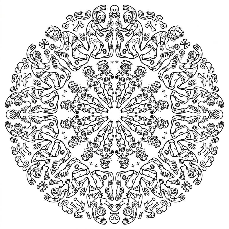 Unleash your creativity with this unique Crawler Zombie Mandala coloring page. Featuring an intricate, symmetrical design of undead creatures, it offers a thrilling and meditative coloring challenge.