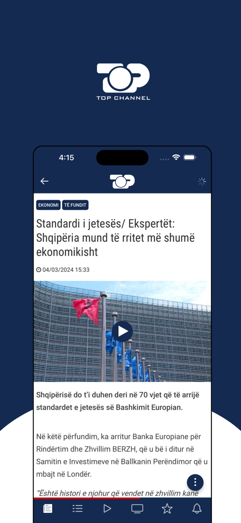 Top Channel - Interfaccia dell'app mobile Top Channel che mostra un articolo di notizie in albanese sulla crescita economica dell'Albania con un lettore video e testo di notizie.
