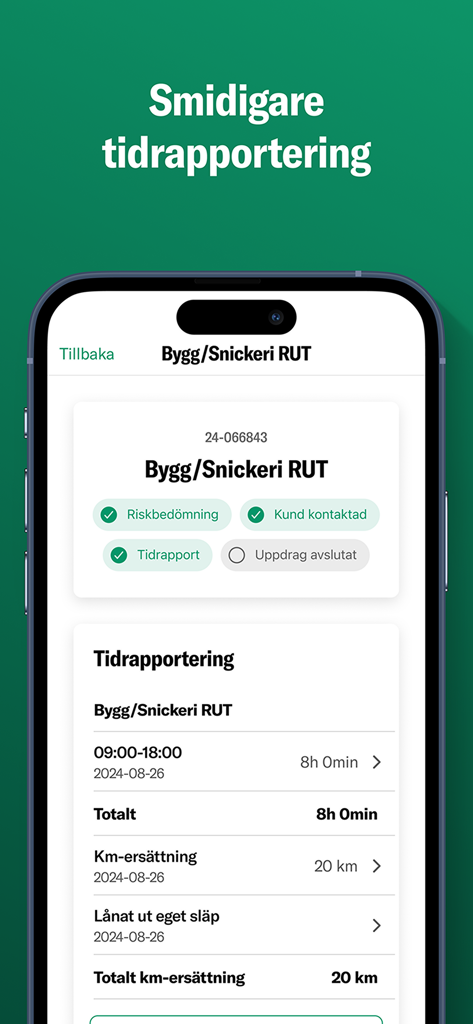 Veteranpoolen - Veteranpoolen mobile app interface for tracking work hours and mileage.