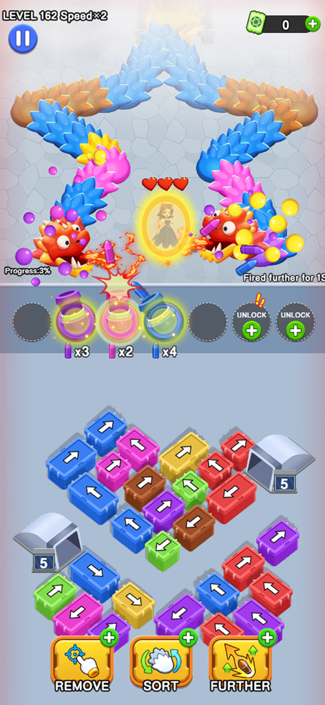 Gameplay screen showing color coded cannons and a grid of arrow boxes to defeat a dragon