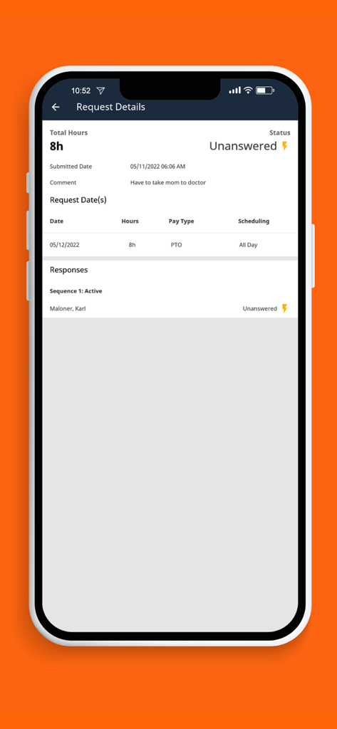 TimeStar Mobile - TimeStar Mobile app screen showing details of a pending eight hour PTO request for taking a family member to the doctor.