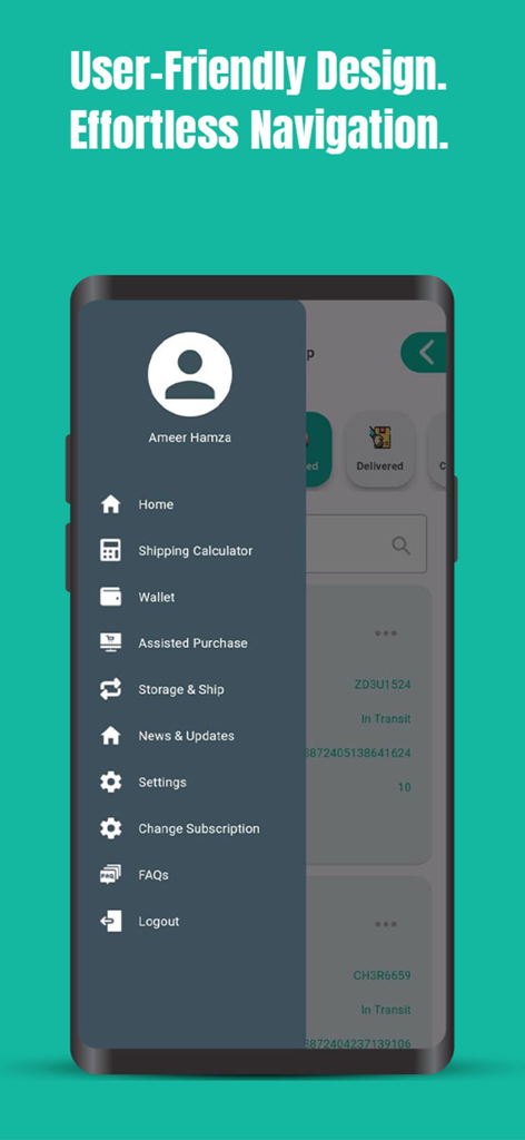 Global Shopaholics - Side navigation menu of the Global Shopaholics app showcasing a user-friendly design and various service options.