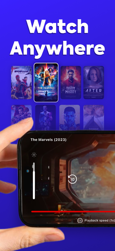 A hand holding a smartphone playing a movie within the IPTV Smarters app interface under the heading Watch Anywhere.
