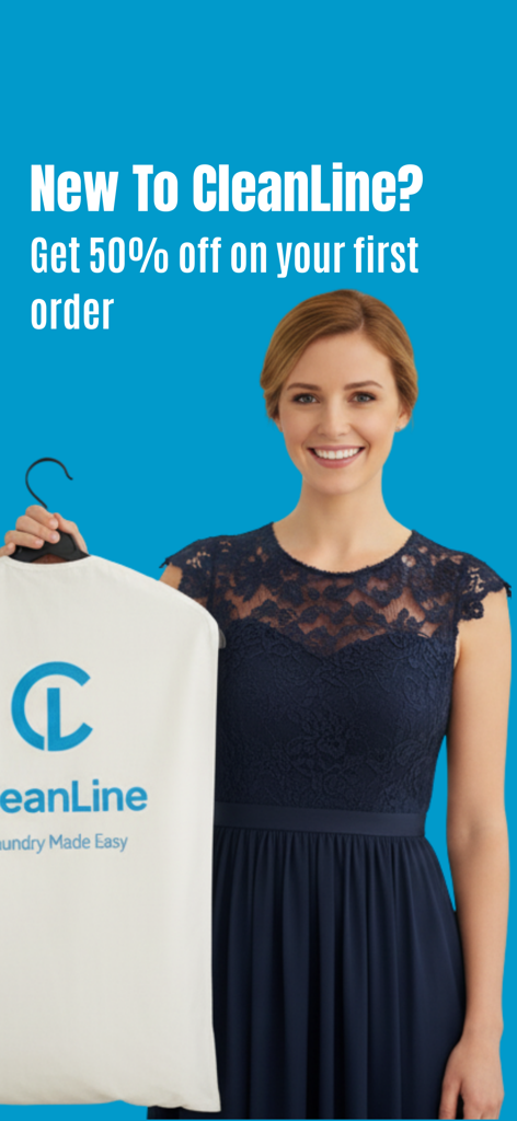 CleanLine - Woman holding a CleanLine garment bag with a fifty percent first order discount message