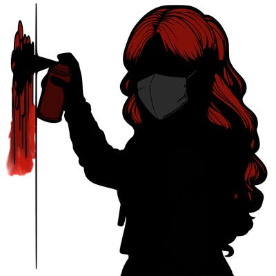 realistic girl with mask spray painting a wall