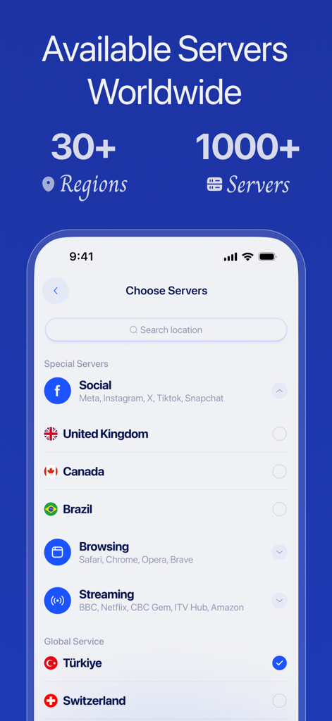 StealthNet VPN app interface displaying a global server selection list with over 30 regions and 1000 servers including specialized categories for social media and streaming