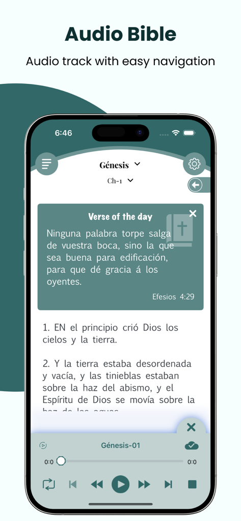 La Biblia del Oso 1569 + Audio - La Biblia del Oso mobile app showing Genesis text with an integrated audio player and a verse of the day popup.