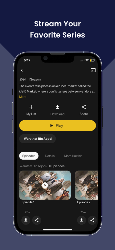 AlBallam Group app screenshot showing a series page with play and download options