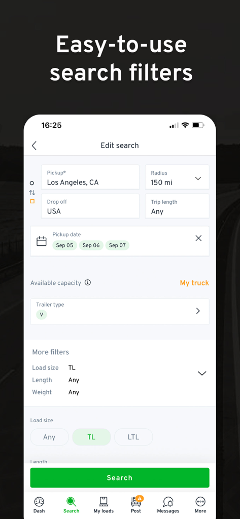 Find Truck Loads - Load Board - Mobile app interface showing search filters for finding truck loads by location and date