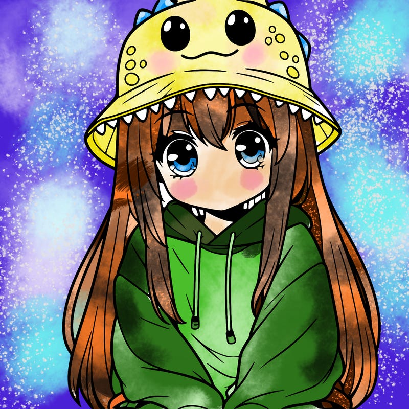 girl with anime shaped eyes with a dinosaur bucket hat oversized sweatshirt long straight hair