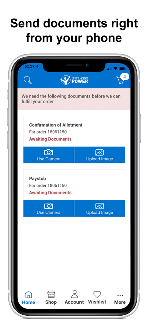 Mobile screen showing document upload options for a paystub and allotment confirmation within the Purchasing Power app