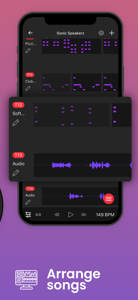 Tize: Music & Beat Maker - Interface of Tize music app showing audio and MIDI tracks for arranging songs