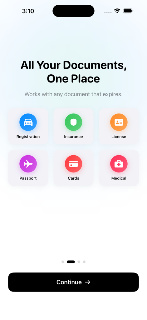 Expiro App - Expiro 앱 온보딩 화면, 등록, 보험, 운전면허증, 여권, 카드, 의료 등 문서 카테고리 표시