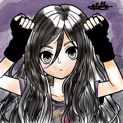 long haired girl with fingerless gloves