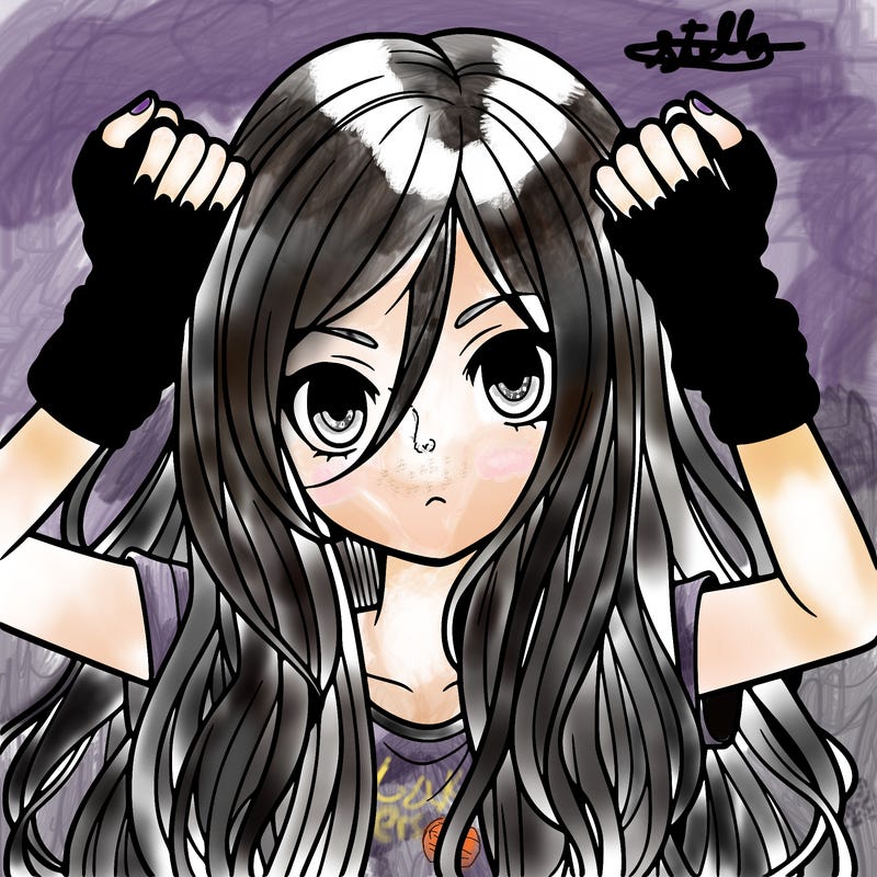 long haired girl with fingerless gloves
