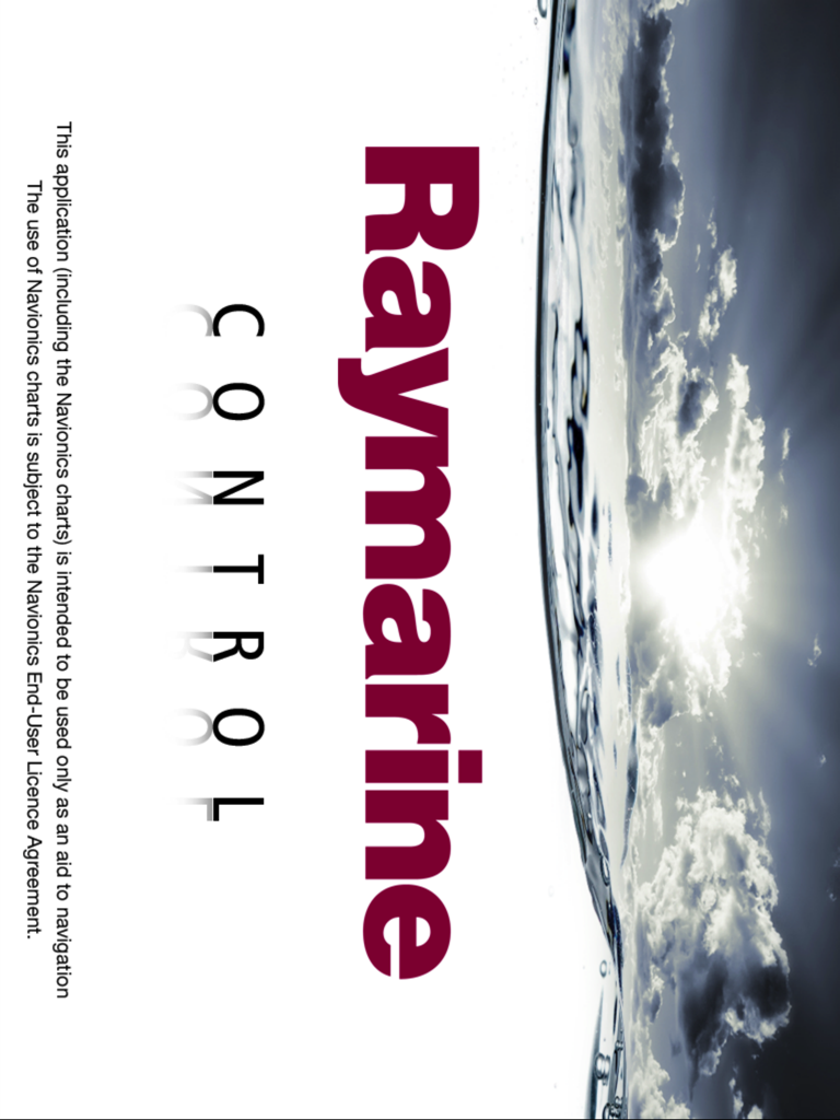 Raymarine 로고와 햇볕이 잘 드는 바다 전망이 있는 RayControl 앱 스플래시 화면