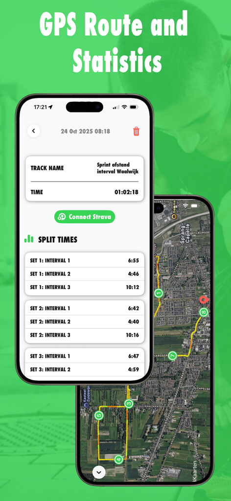 @Tracker: Outdoor GPS & Strava - iPhone screens displaying detailed workout interval statistics and a satellite map with a tracked GPS route.