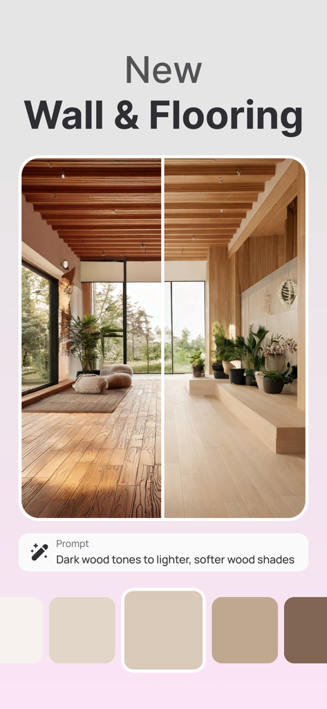 Comparación de diseño de hogar por IA que muestra tonos de madera oscura frente a tonos de madera más claros para suelos y paredes