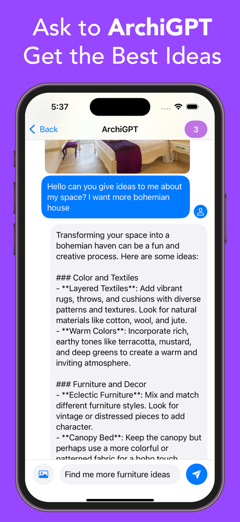 Luw AI - AI Home Design - ArchiGPT chat interface in Luw AI app providing bohemian interior design ideas and decor advice