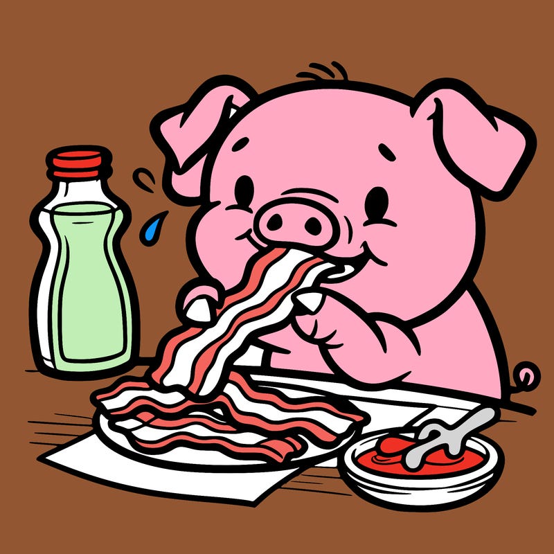 a piglet eating bacon
