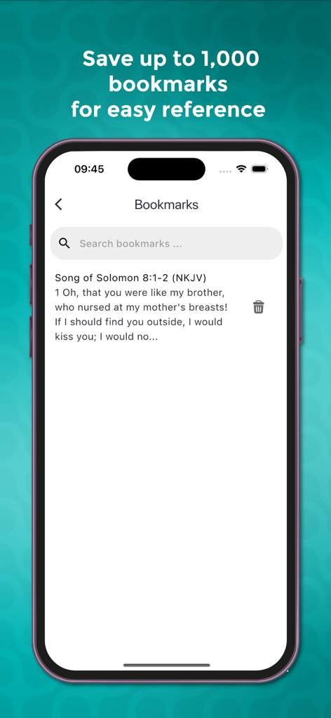 BiblicalAi - Bible App with Ai - A smartphone screen showing the bookmarks section of the BiblicalAi app with a saved verse from Song of Solomon.