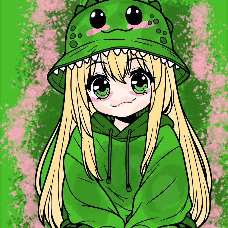 girl with anime shaped eyes with a dinosaur bucket hat oversized sweatshirt long straight hair