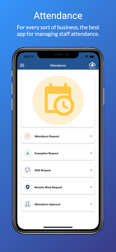 FlowHCM app interface showing attendance request and remote work management options