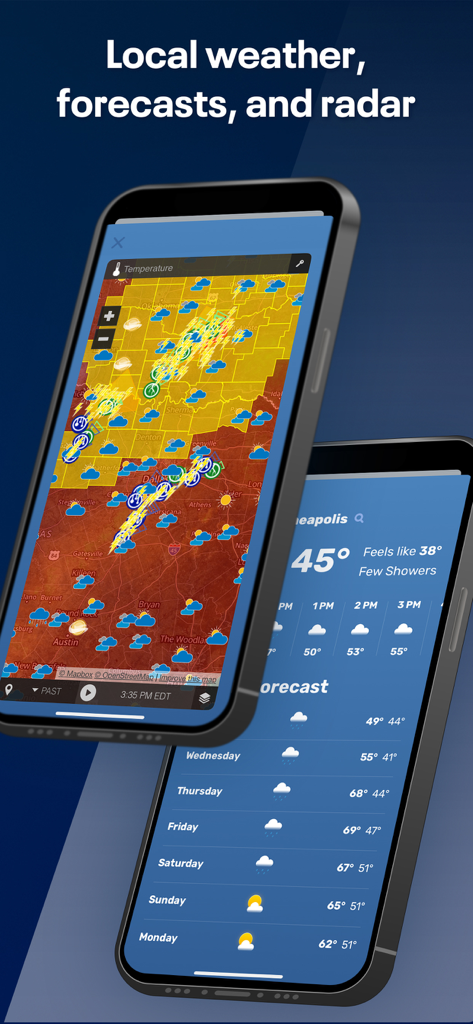 FOX LOCAL: Live News & Weather - FOX LOCAL app interface showing interactive weather radar and a seven day local forecast