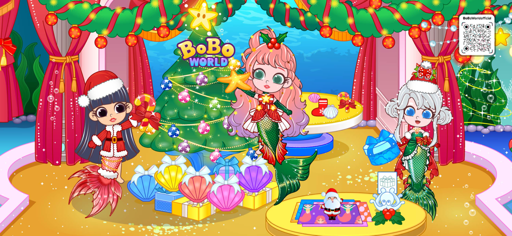 BoBo World: The Little Mermaid - 海中の部屋で、飾られたツリーの周りでクリスマスを祝う、サンタの衣装を着た人魚たち。