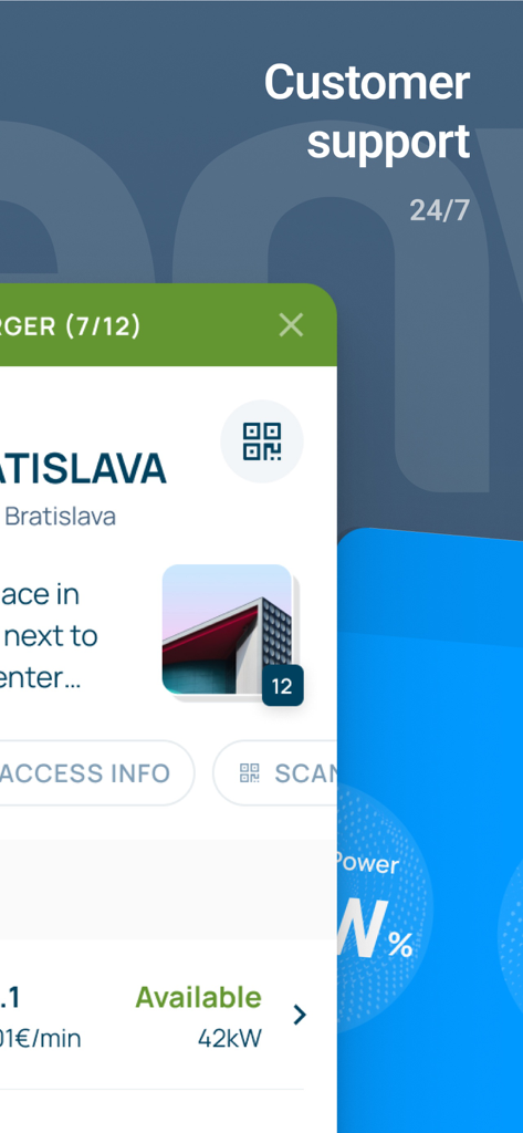 Aplicação de carregamento GreenWay EV apresentando a disponibilidade das estações e apoio ao cliente