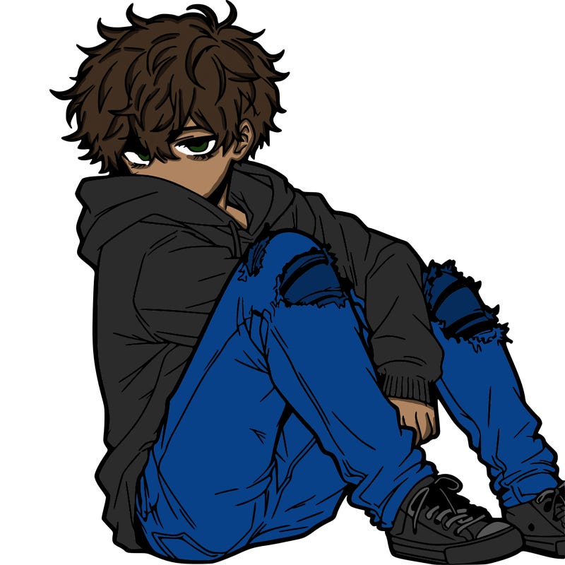 a male hoddie ripped jeans messy hair anime