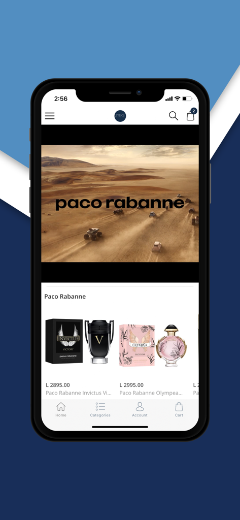 Privé Perfumes - Página de inicio de la aplicación Prive Perfumes mostrando fragancias de Paco Rabanne incluyendo Invictus y Olympea con precios