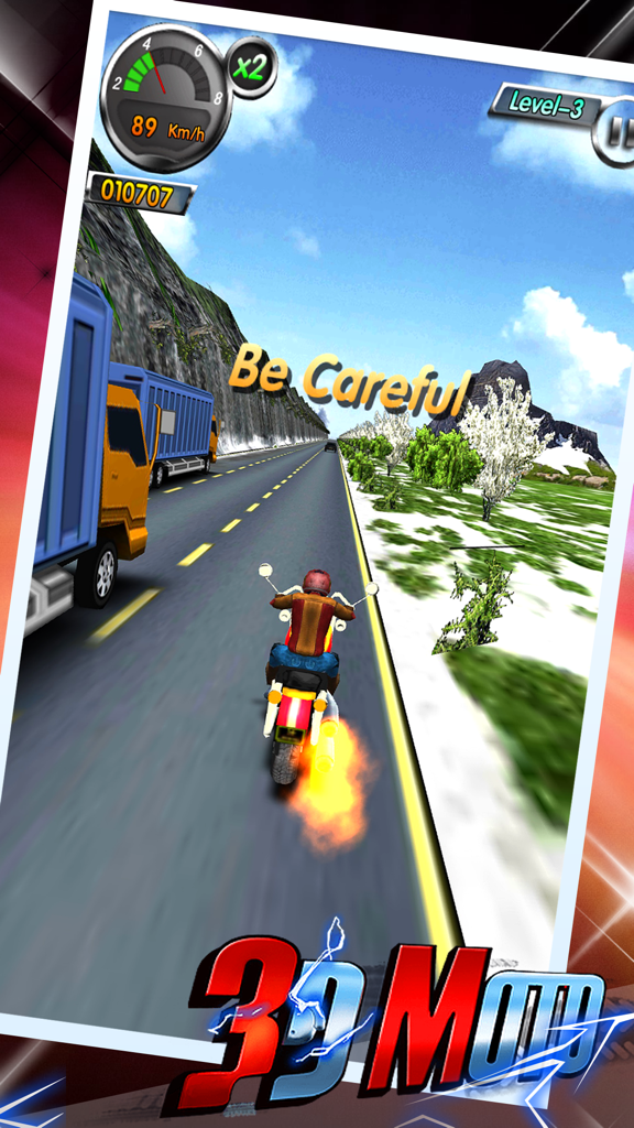 A motorcycle rider speeding down a highway next to trucks in AE 3D Motor