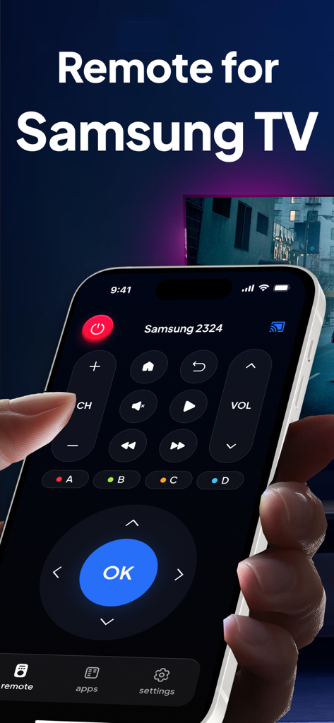 Remote for Samsung TV, Control - Mano che tiene un iPhone con visualizzata un'interfaccia di telecomando digitale per Smart TV Samsung con pulsanti del volume e di navigazione