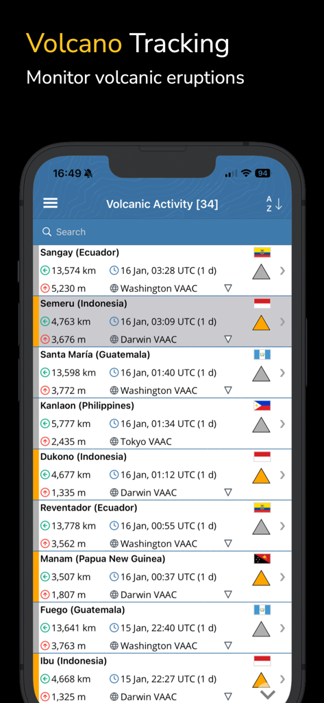 A smartphone screen showing the volcanic activity tracking feature with a list of global eruptions and monitoring data.