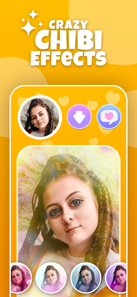 Make A Baby AI Future Face - A screenshot of the Make A Baby app showing the chibi photo filter effect applied to a woman face