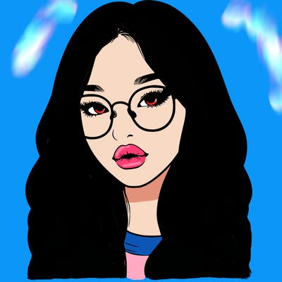 realistic korean girl with long hair, glasses and big lips