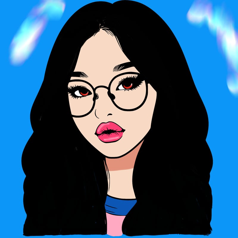 realistic korean girl with long hair, glasses and big lips