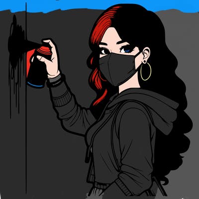 realistic girl with mask spray painting a wall