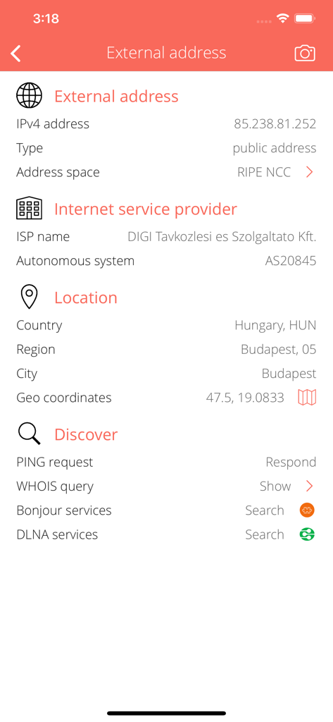 Hotspot Info - External IP address ISP information and geographic location screen