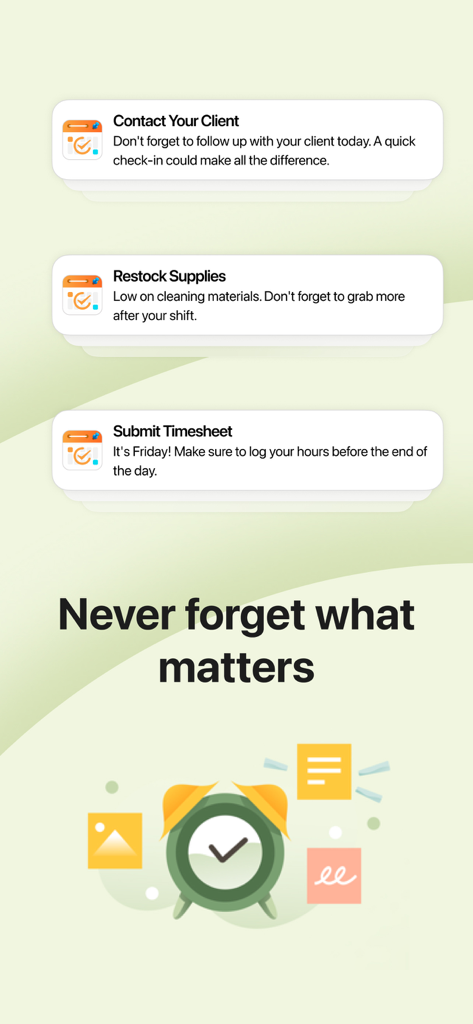 Ein Bildschirm einer Produktivitäts-App, der Aufgabenbenachrichtigungen und Erinnerungen mit dem Text "Vergessen Sie nie, was wichtig ist." anzeigt.