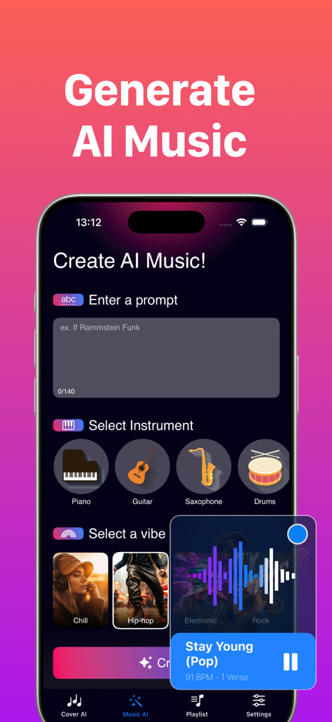 Music AI Cover: Banger & Songs - Tela do aplicativo móvel para gerar música com IA usando prompts de texto e seleção de instrumentos