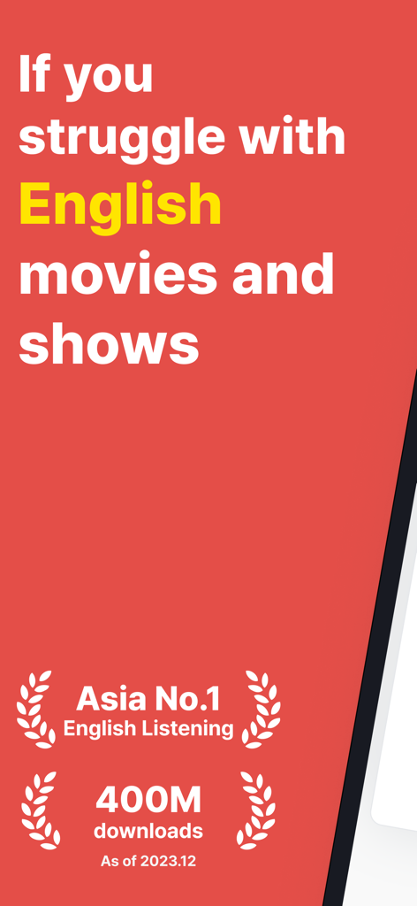 Promotional screen for RedKiwi English Listening app highlighting its focus on movies and shows with 400 million downloads.