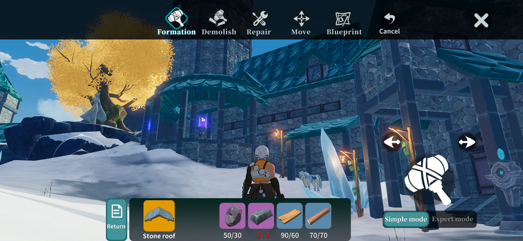 Dawnlands - Character using the building and crafting interface to construct a house in the snowy biome of Dawnlands.