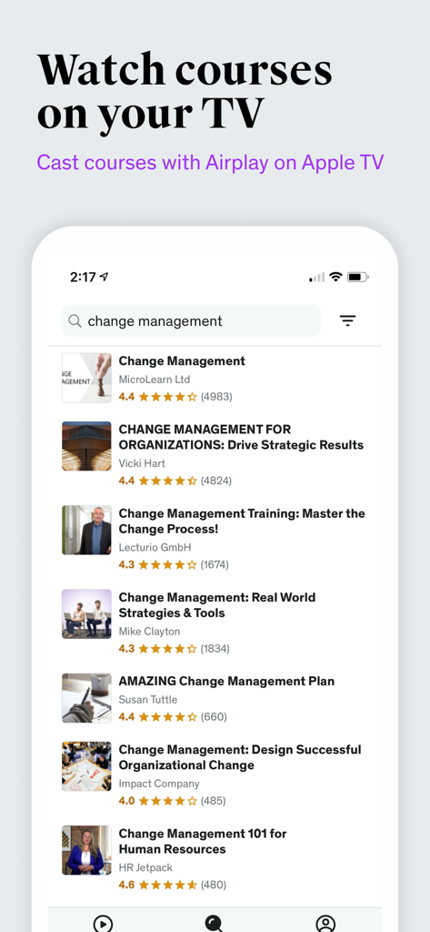 Udemy Government app interface showing search results for change management courses and AirPlay support description.